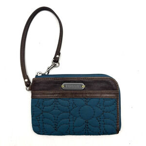 Vintage Y2K Fossil Key-Per Teal Floral Embroidered Canvas Zip Wristlet Wallet